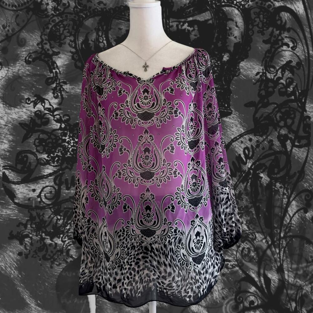 bedazzled baroque paisley medallion crimson pink sheer top